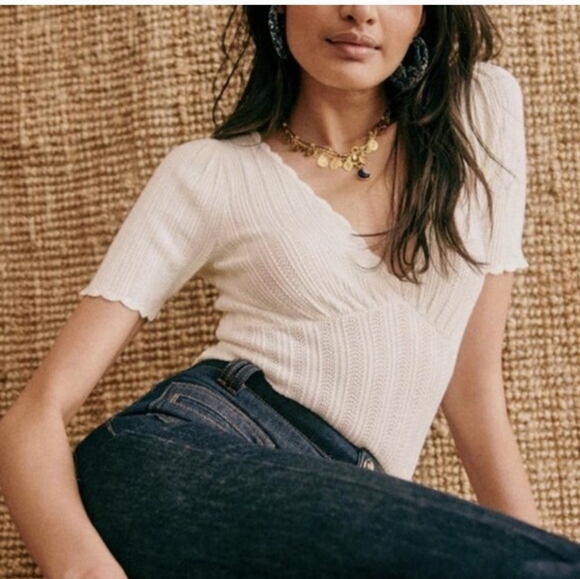Sezane Tops - Sezane Cloe Jumper Medium Women's White Ribbed V Neck Top Blouse Shirt #20